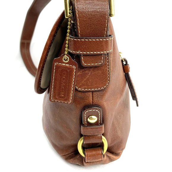 Coach Z Brown Leather Z23987 Medium Flap Shoulder Duffle Bag Pleated Purse Brass - Picture 4 of 13